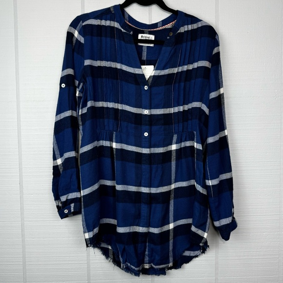 NWT Holding Horses Anthropologie Blue Plaid Half Button Raw Hem Tunic Top 2 - Picture 1 of 8